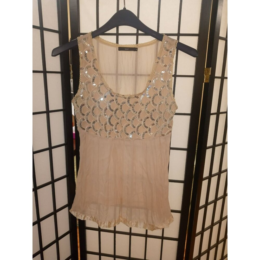 Hazel Tank Top Tan & Silver Size Medium Sleeveless Sequined Blouse Pullover